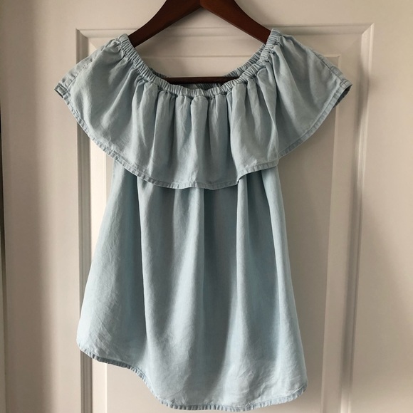 🛍2/$15 Off the Shoulder Ruffle Chambray Top Sz XS - Picture 9 of 12